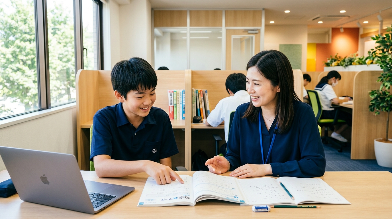 個別指導塾で中学生が講師とマンツーマンで学ぶ様子