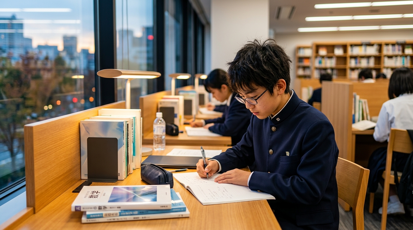 自習室で集中して学習する中学生