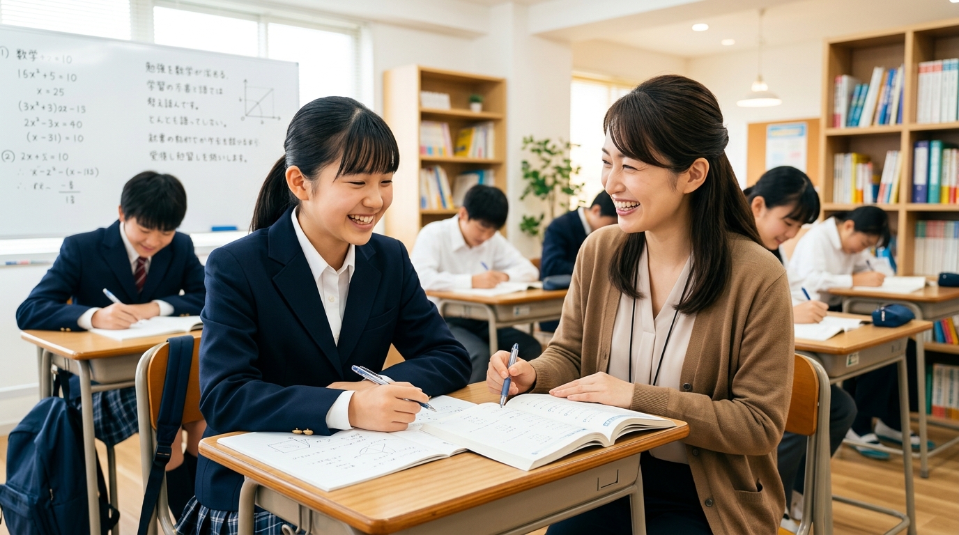 塾で笑顔で学ぶ中学生と講師