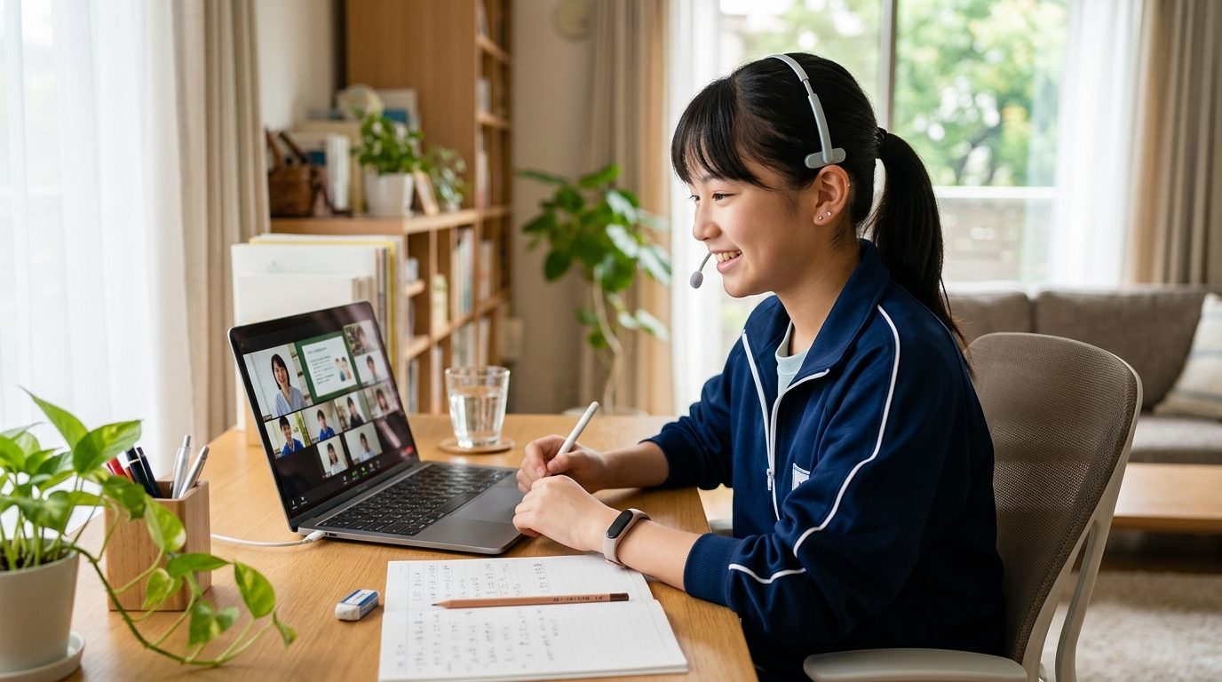 オンライン授業を自宅で受ける中学生の様子