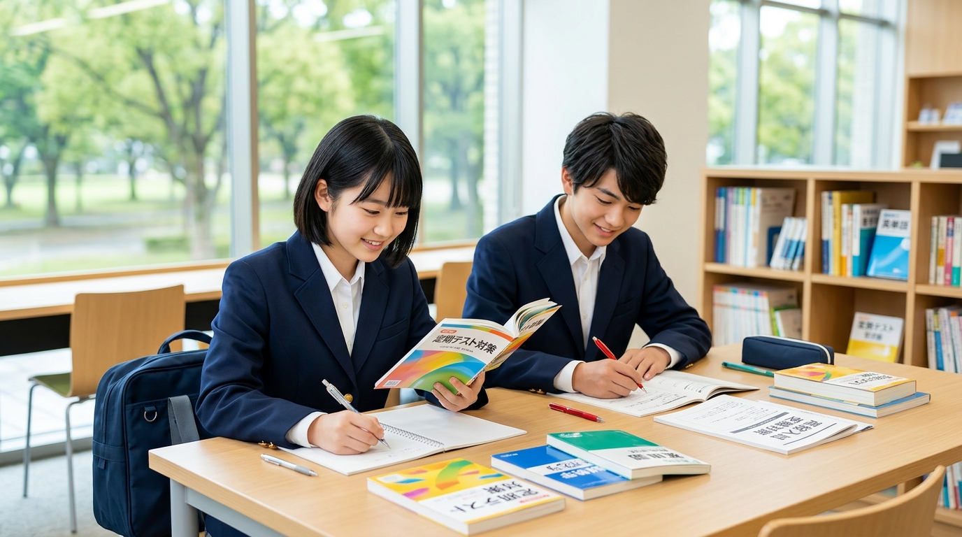 定期テスト対策と受験対策の教材に取り組む中学生