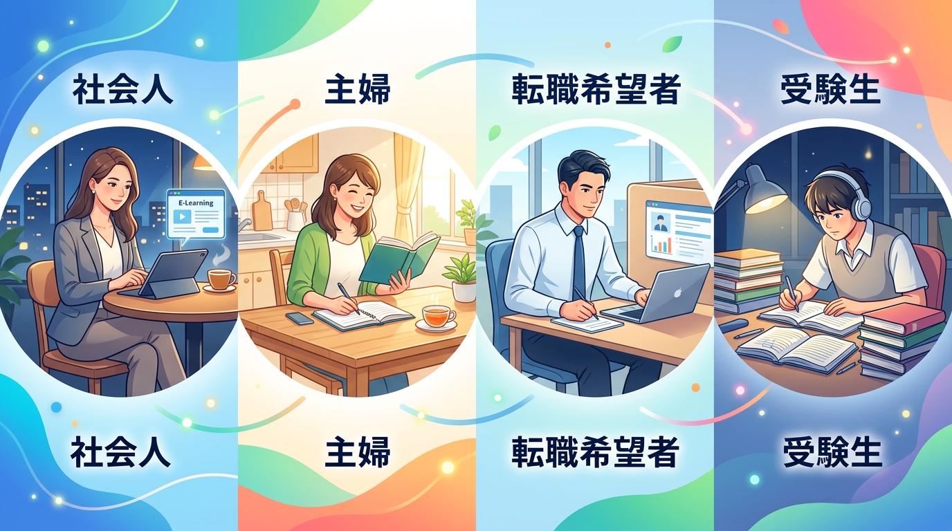 社会人・主婦・転職希望者・受験生それぞれに合った塾を示す比較シーン