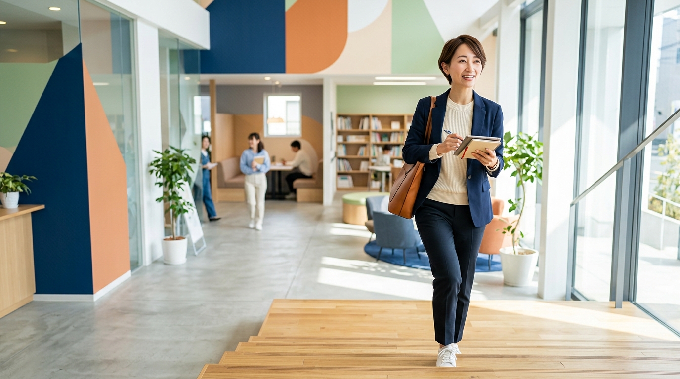自分に合った塾を選び、学習をスタートして前向きに歩み出す人のイメージ
